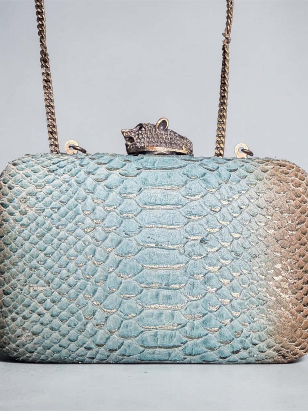 House of Harlow 1960 Dylan Clutch Aqua Metallic Snake Embossed Panther Clasp